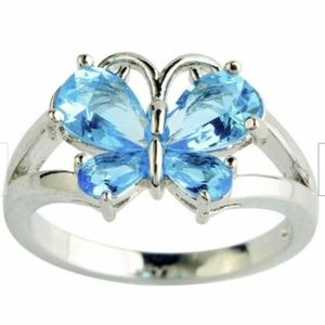 Silver Butterfly Cocktail Ring Size 9 10 11 Aqua Blue Cubic Zirconia Rhodium
